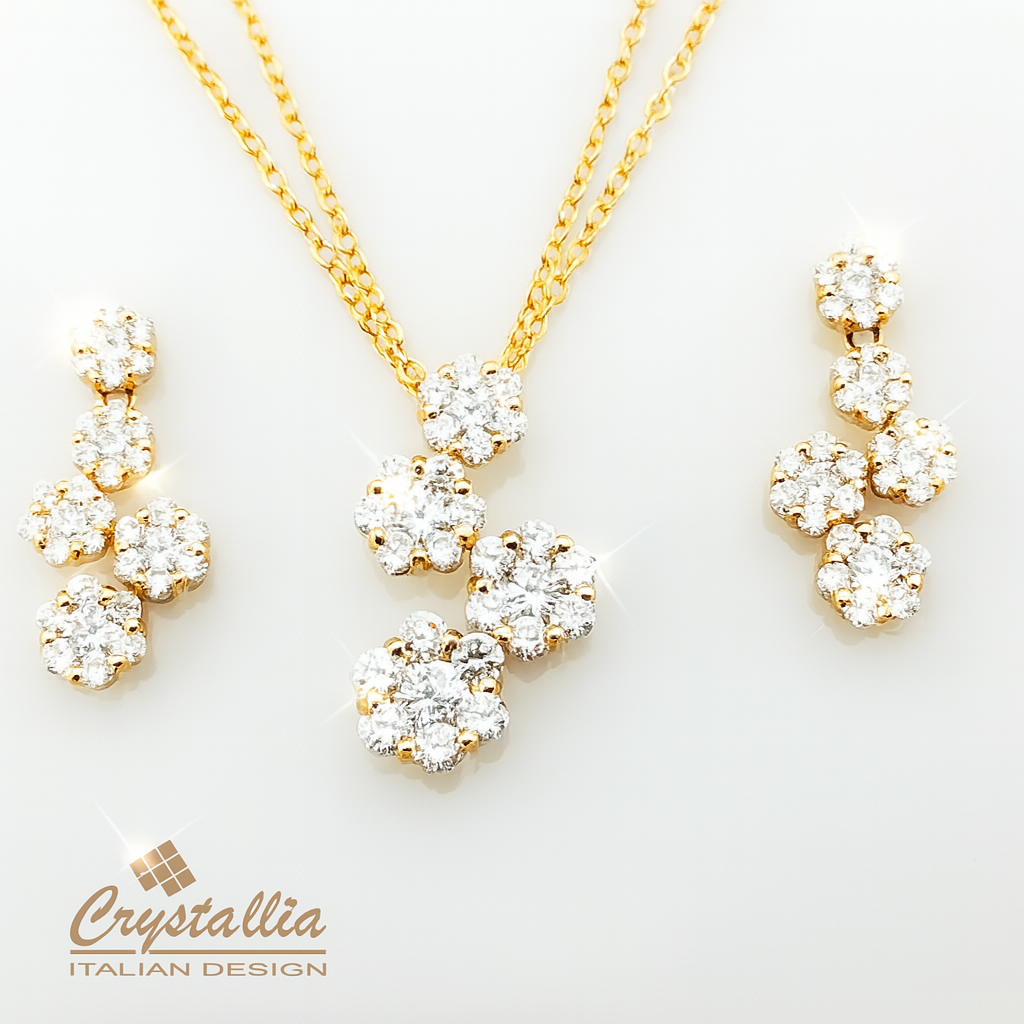Gold jewelry set with necklace and earrings on a white background, featuring the Crullia brand.