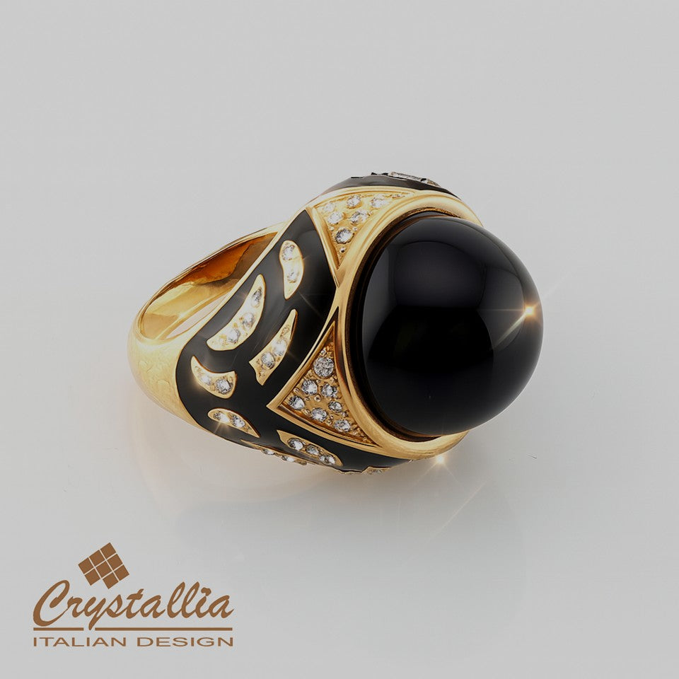 Gold and black ring with Crystallia branding on a light gray background