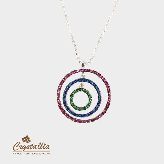 Necklace with circular pendant featuring colored stones on a white background, branded 'Crystallia'.