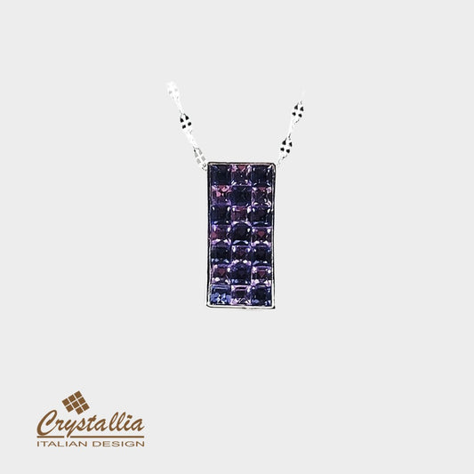 Necklace with a rectangular purple gemstone pendant on a white background, featuring the Crystallia brand.