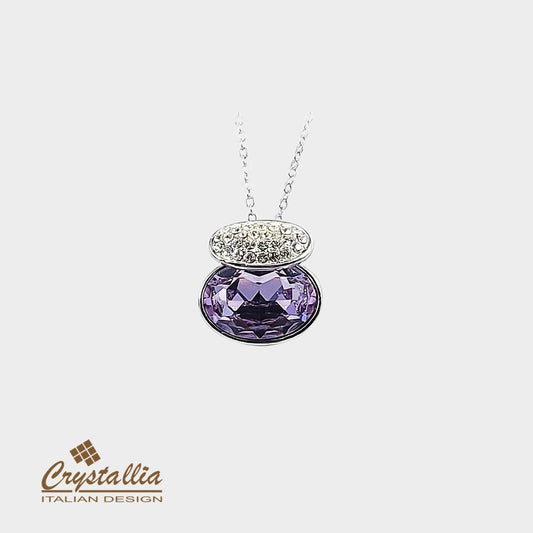 Purple pendant necklace with Crystallia logo on a white background