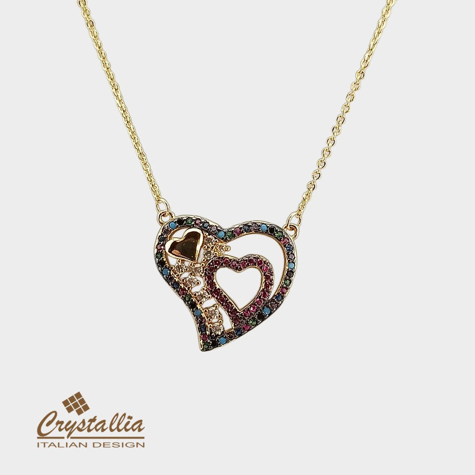 Heart-shaped necklace with Crystallia branding on a white background