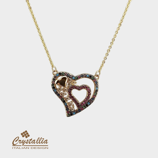 Heart-shaped necklace with Crystallia branding on a white background