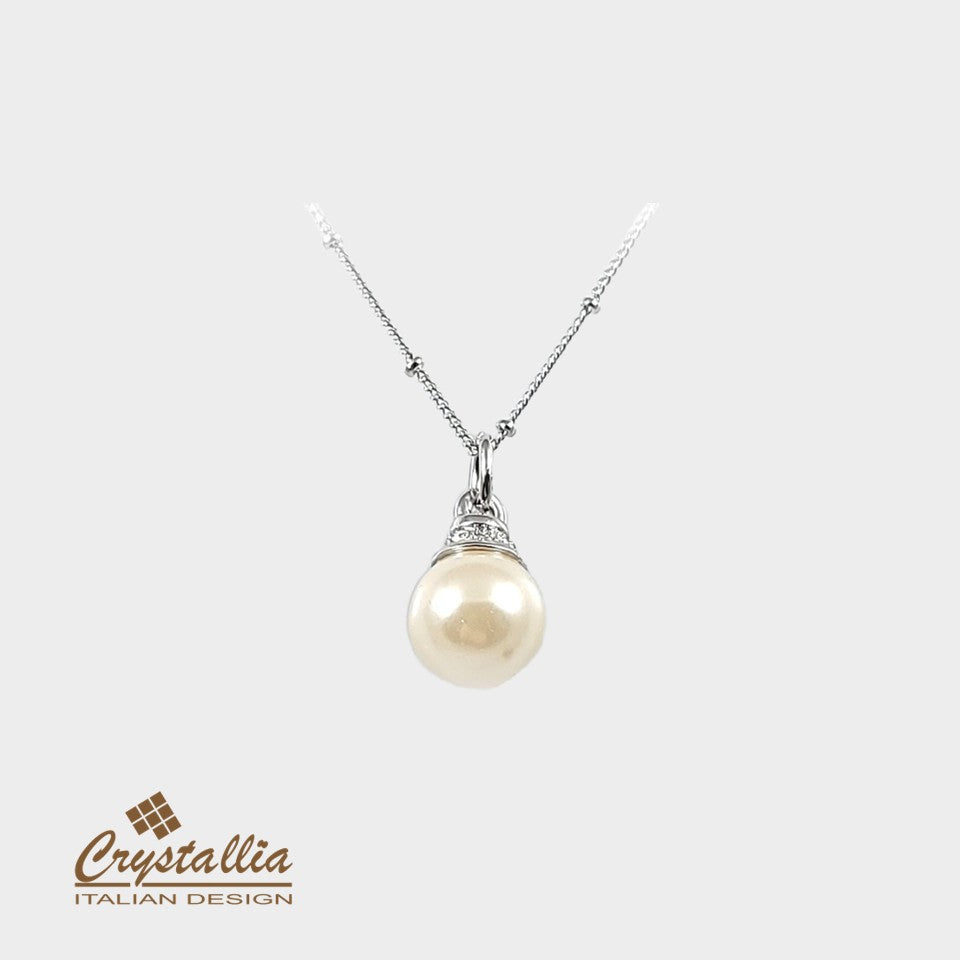 Pearl necklace with Crystallia logo on a white background