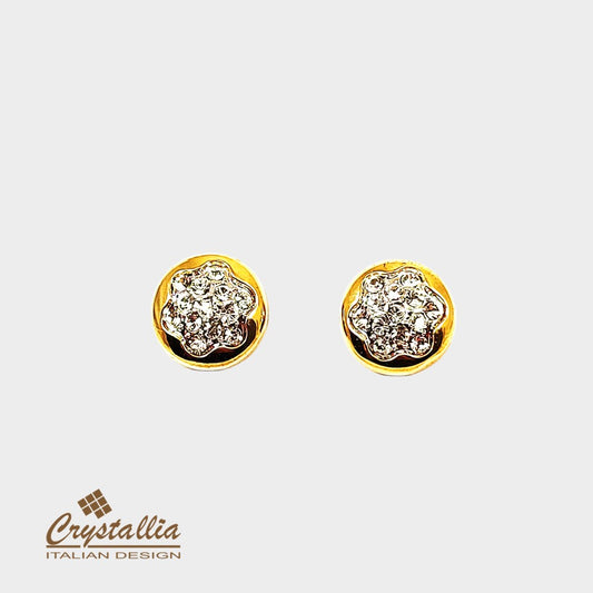 Gold earrings with clear stones on a white background, featuring the Crystallia brand.