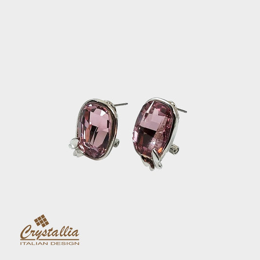 Pair of pink gemstone earrings on a white background with Crystallia logo.