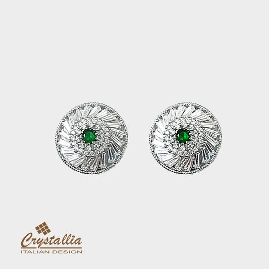 Pair of silver earrings with green gemstones on a white background, featuring the Crystallia brand.