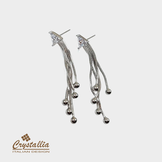 Silver earrings with beads on a white background, featuring the Crystallia brand.
