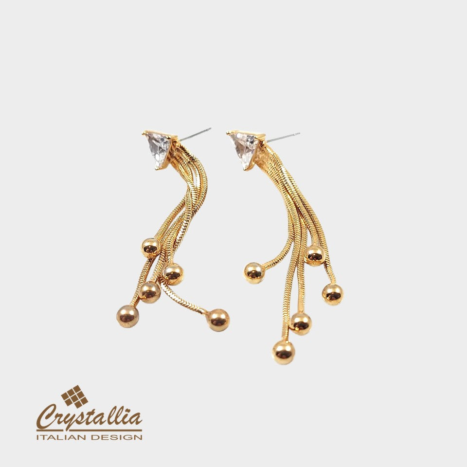Gold earrings with Crystallia branding on a white background