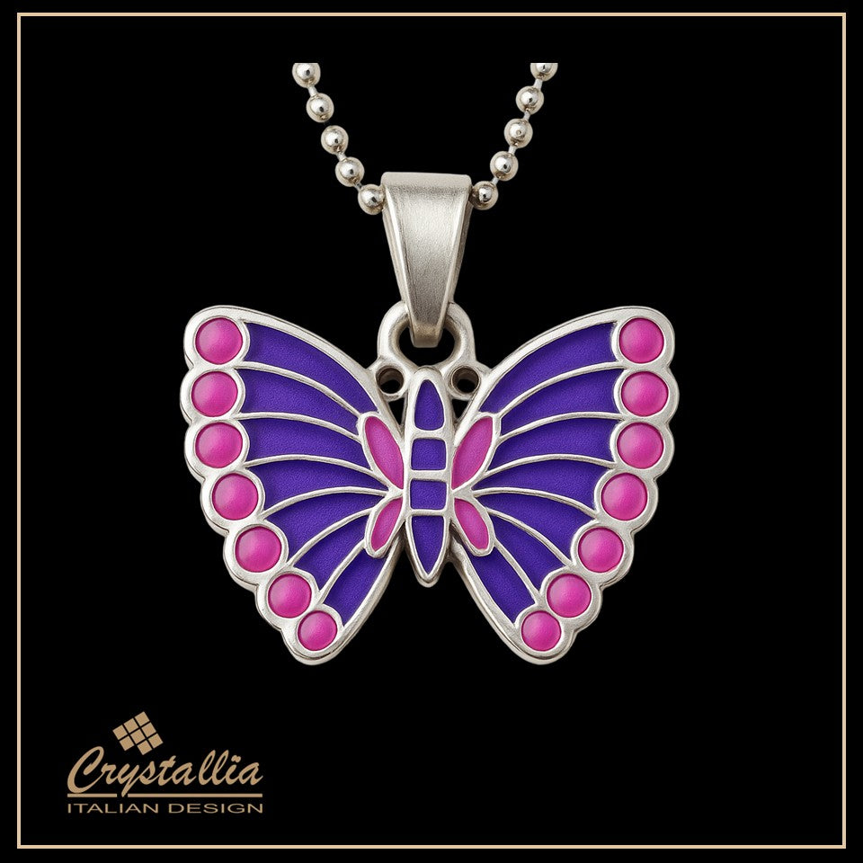 Butterfly pendant with pink and purple design on a black background, featuring the Crystallia brand.