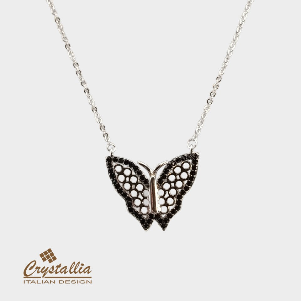 Butterfly necklace with Crystallia logo on a white background