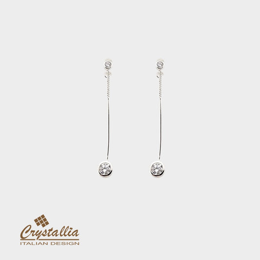 Pair of silver earrings with Crystallia logo on a white background