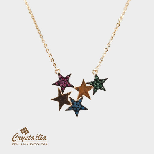 Necklace with colorful star pendants on a white background, featuring the Crystallia brand.