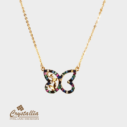 Butterfly-shaped necklace with multicolored stones on a gold chain, branded 'Crystallia'.