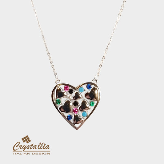 Heart-shaped necklace with colorful stones on a white background, featuring the Crystallia brand.