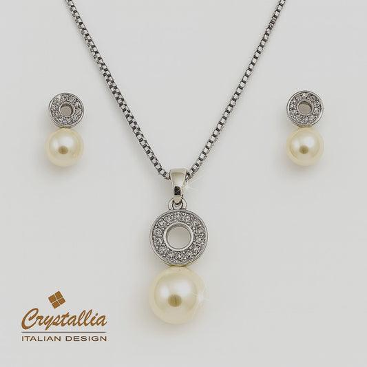 Pearl necklace and earrings set with Crystallia logo on a white background