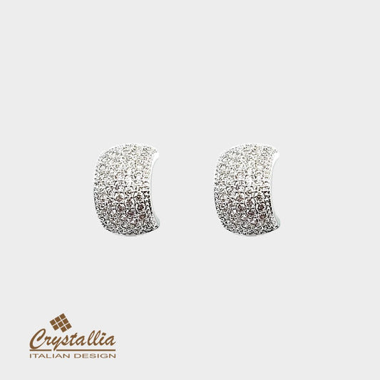 Pair of silver earrings with Crystallia logo on a white background